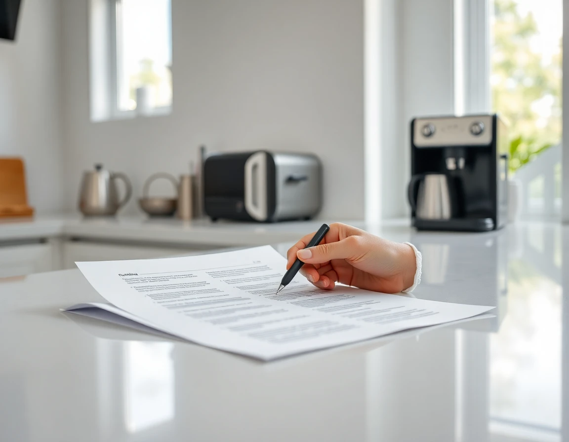 Person reviewing guest post guidelines on kitchen countertop with Cafe Appliances