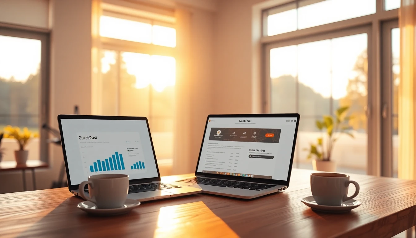 Modern home office with laptop displaying analytics, golden hour sunlight, professional and inviting atmosphere