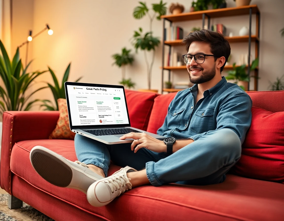Casual blogger reviewing guest post pricing on laptop in cozy living room, friendly and creative vibe