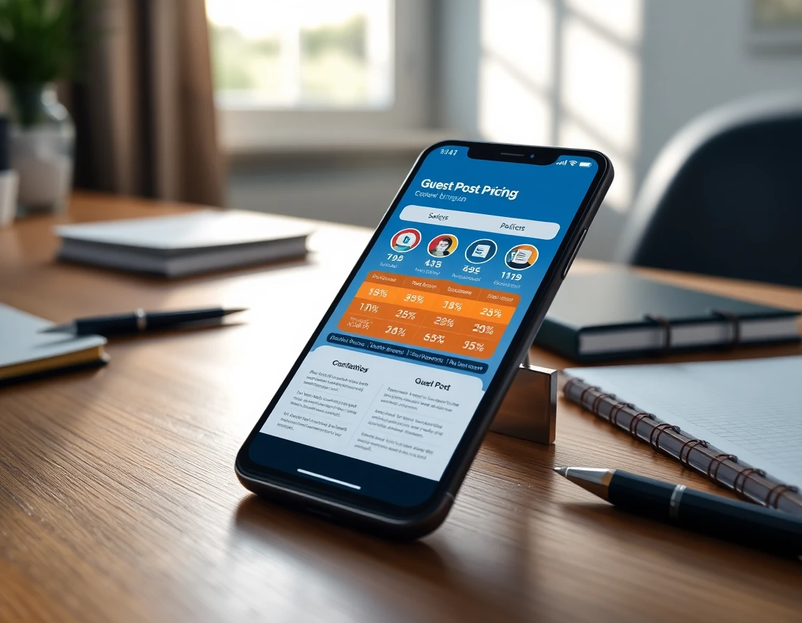 Smartphone displaying guest post pricing tiers on desk, professional and analytical atmosphere