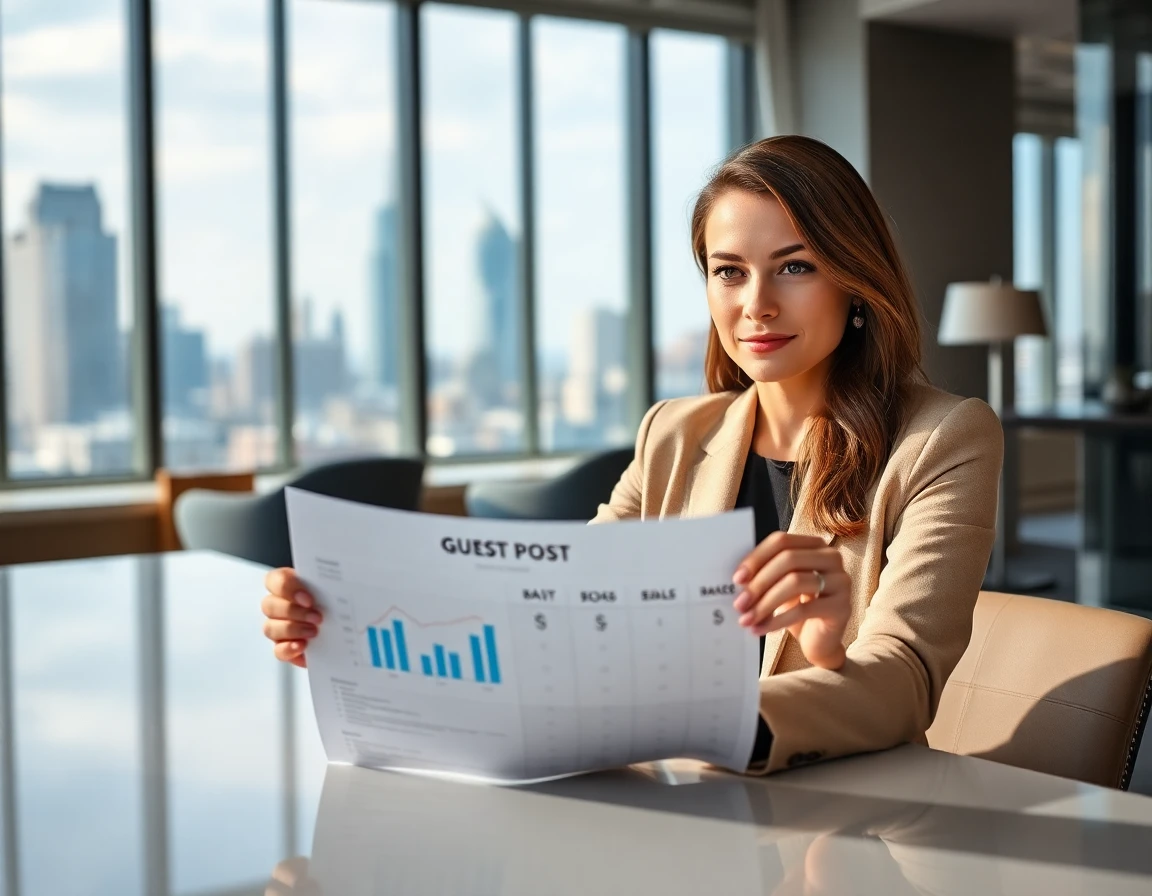 Businesswoman analyzing guest post pricing chart in modern office, professional and focused atmosphere