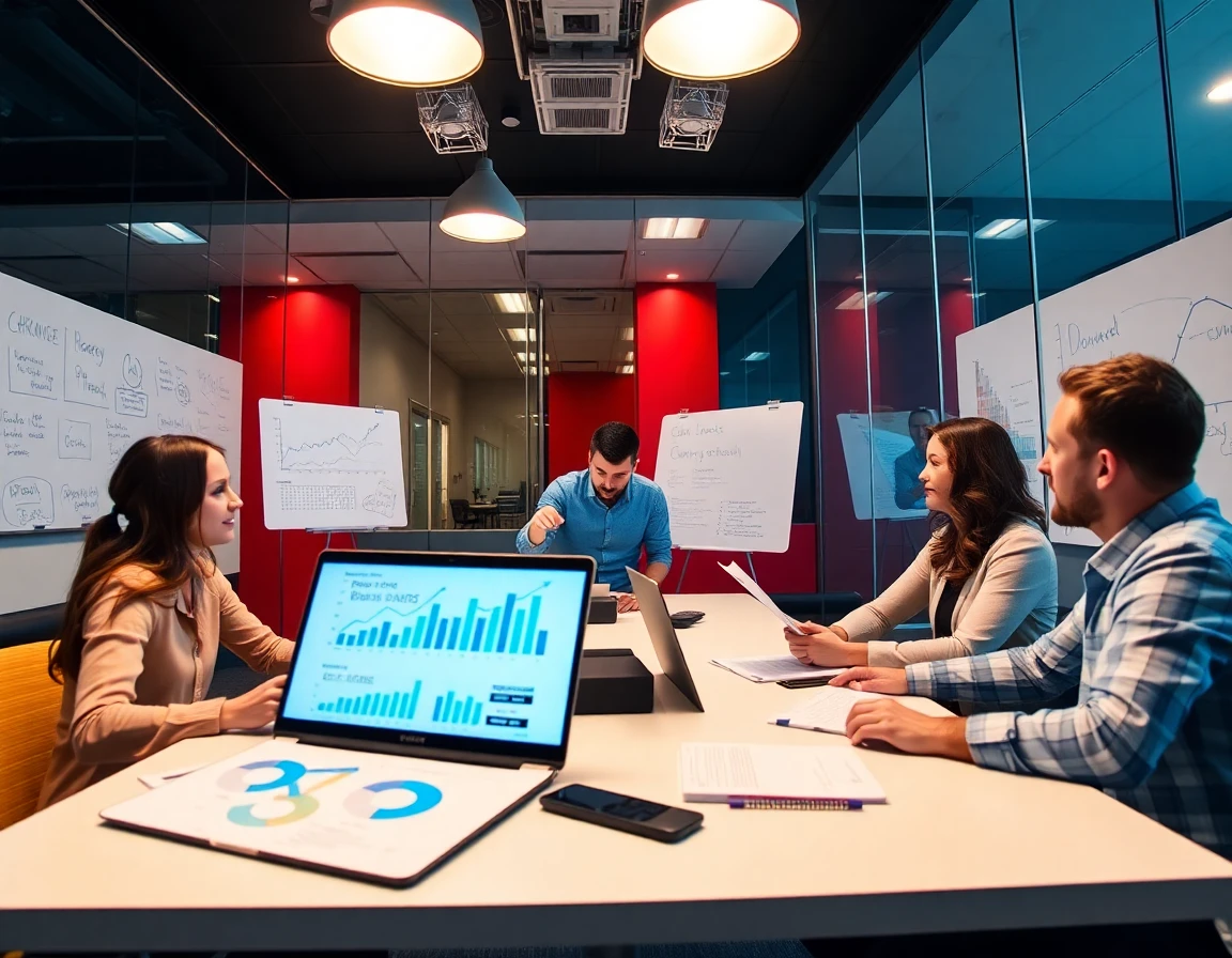 Team of digital marketers discussing guest post pricing strategies in modern meeting room, collaborative and energetic atmosphere