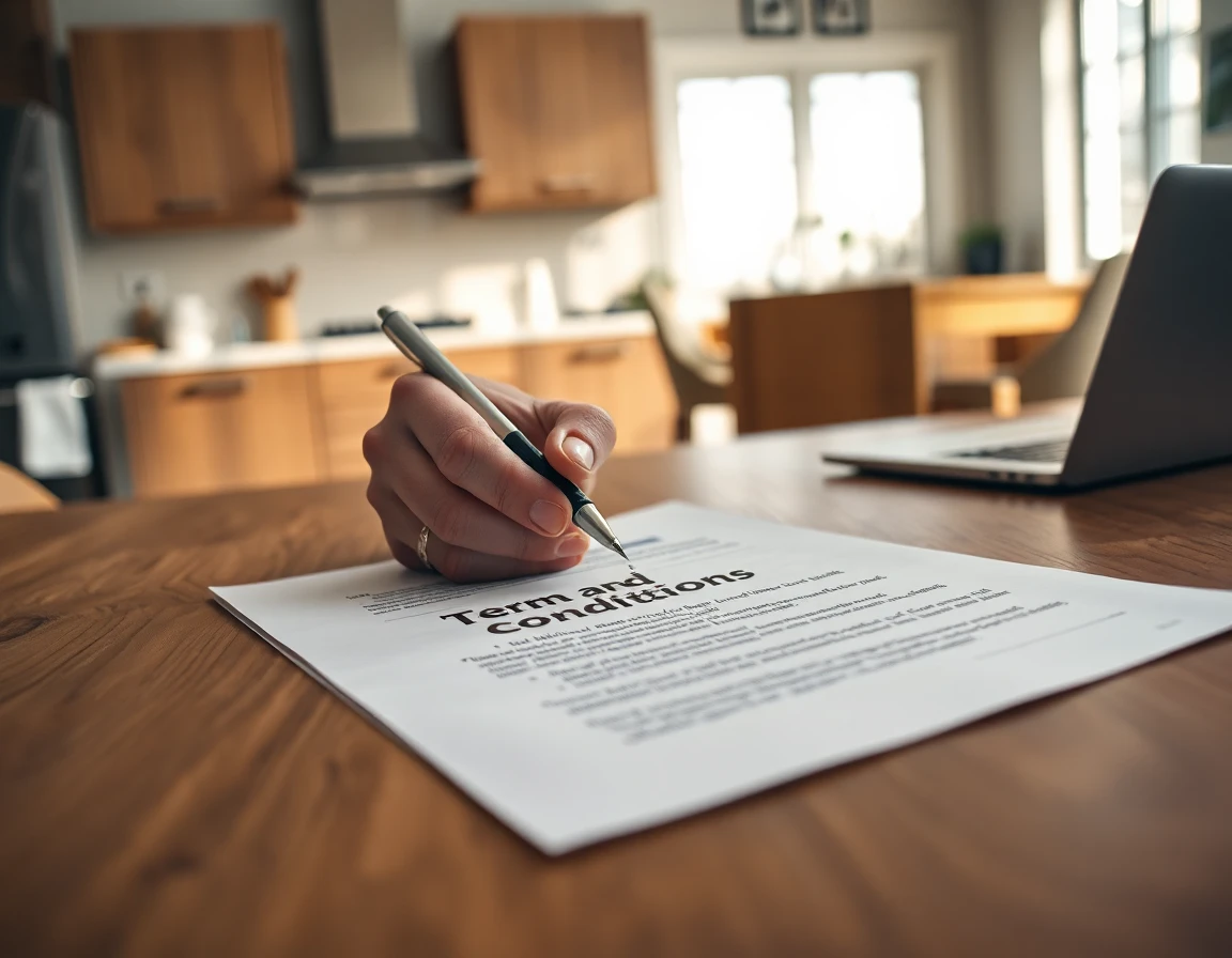 Hands holding pen over terms document on wooden table in modern kitchen, professional setting