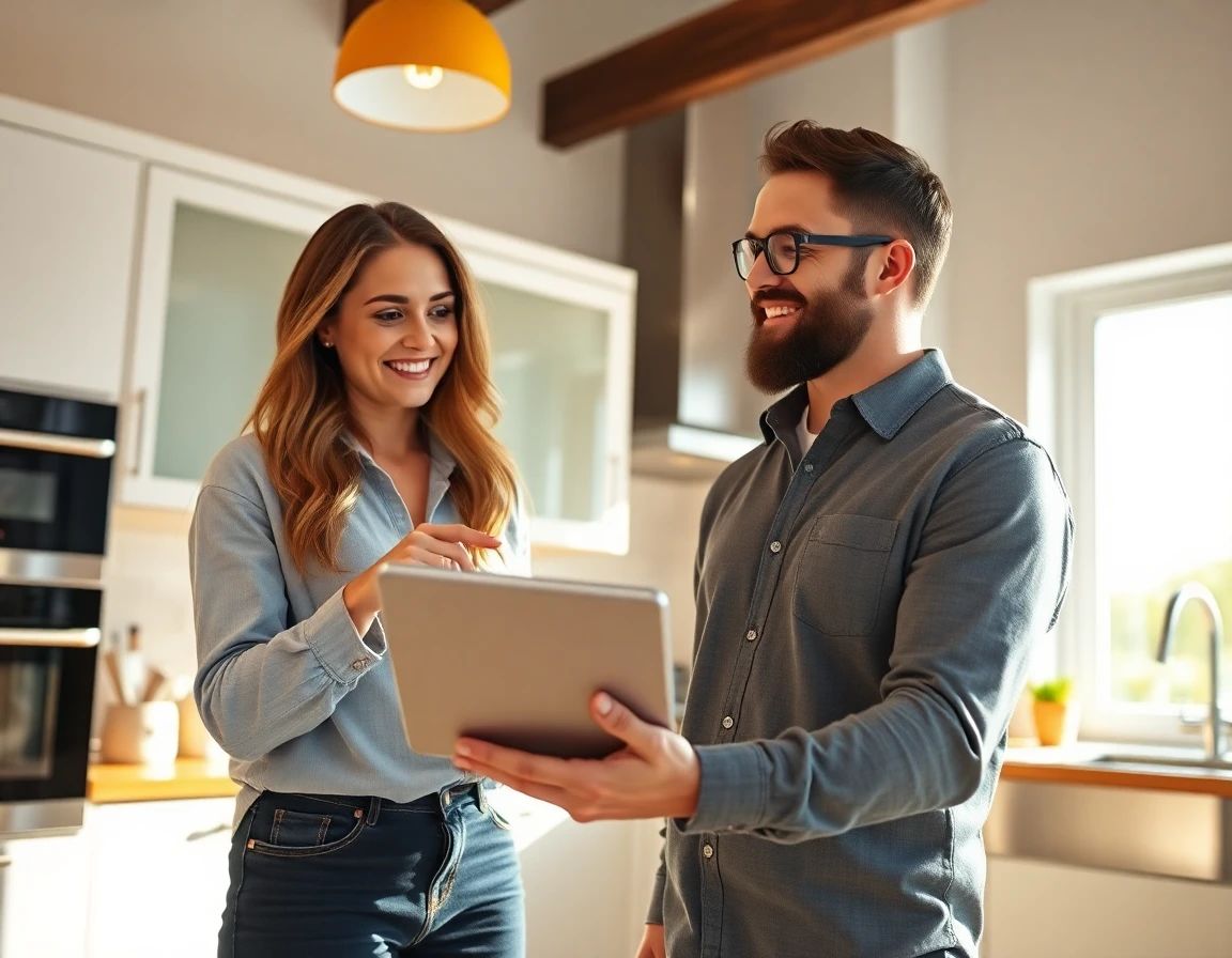 Young couple discussing link insertion process on tablet in modern kitchen
