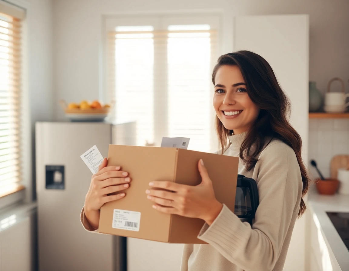Young woman returning a coffee maker in a bright, modern kitchen, smiling, relaxed