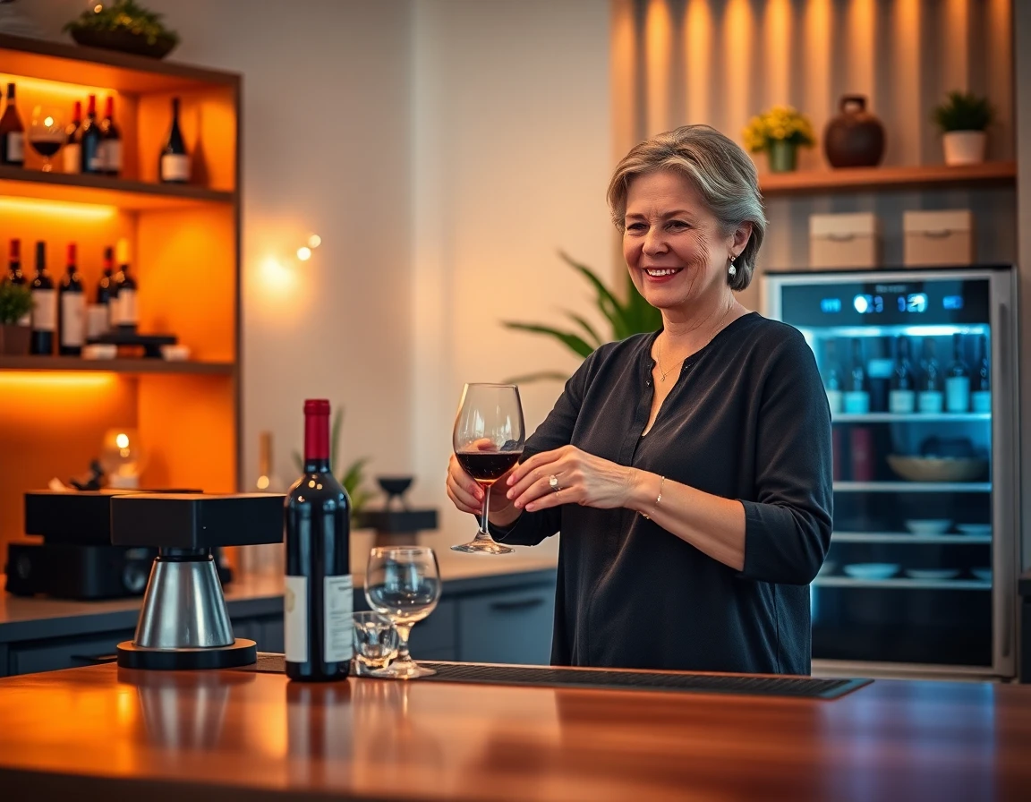 woman enjoying wine at stylish home Cafe beverage station during evening