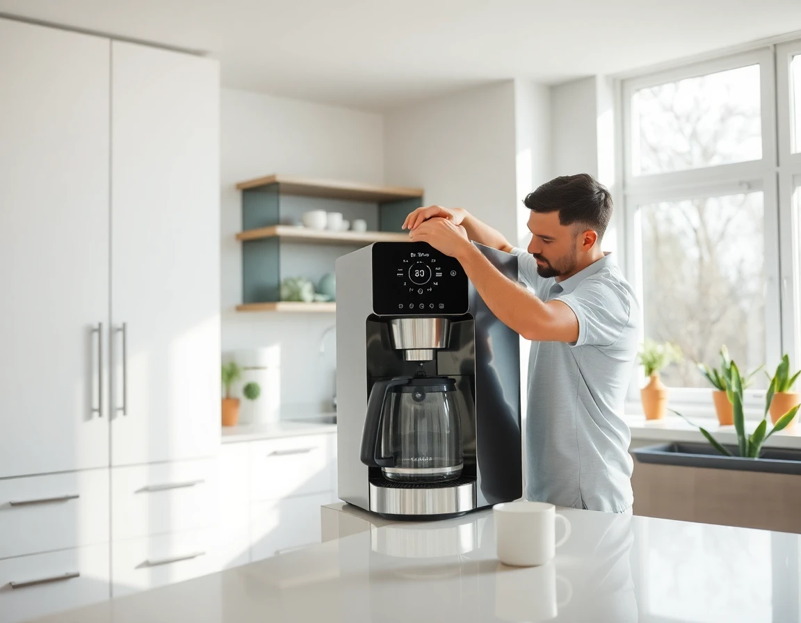 Homeowner installing energy-efficient coffee machine in bright kitchen