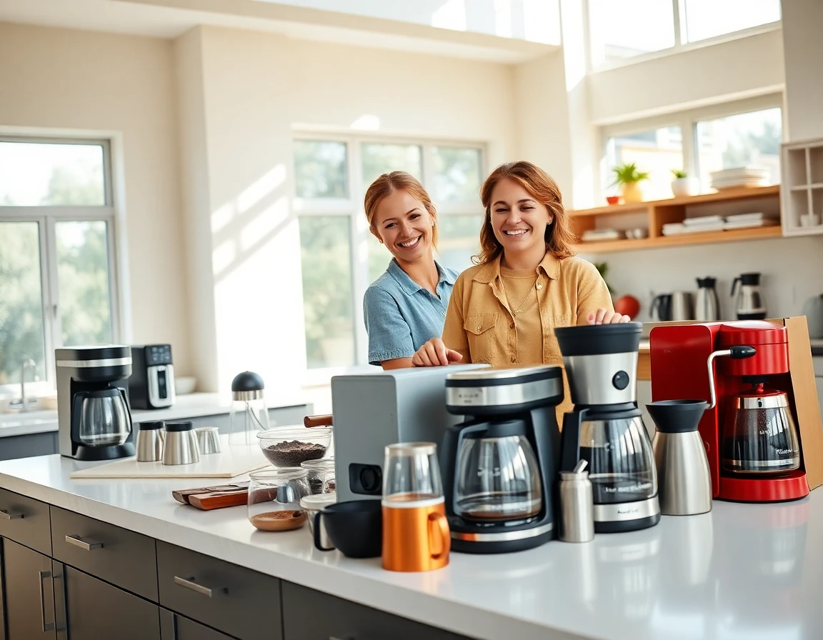 young woman organizing bulk coffee appliances in modern bright kitchen for article