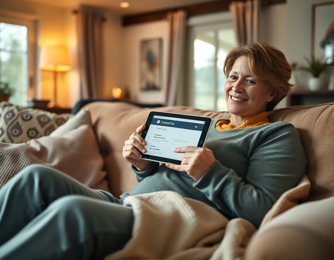 Homeowner relaxing with tablet displaying contact page in cozy living room