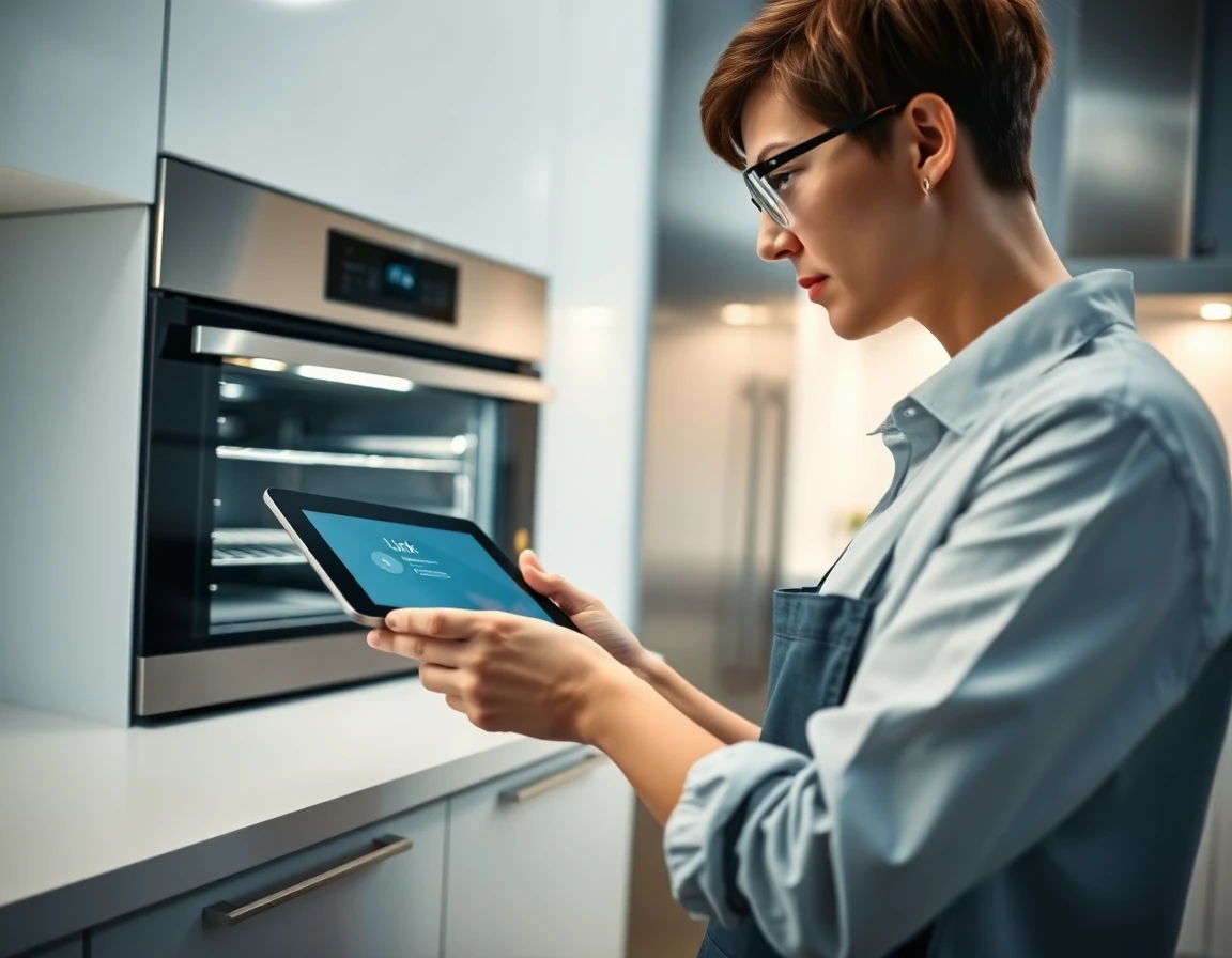Home appliance technician demonstrating link insertion on smart oven