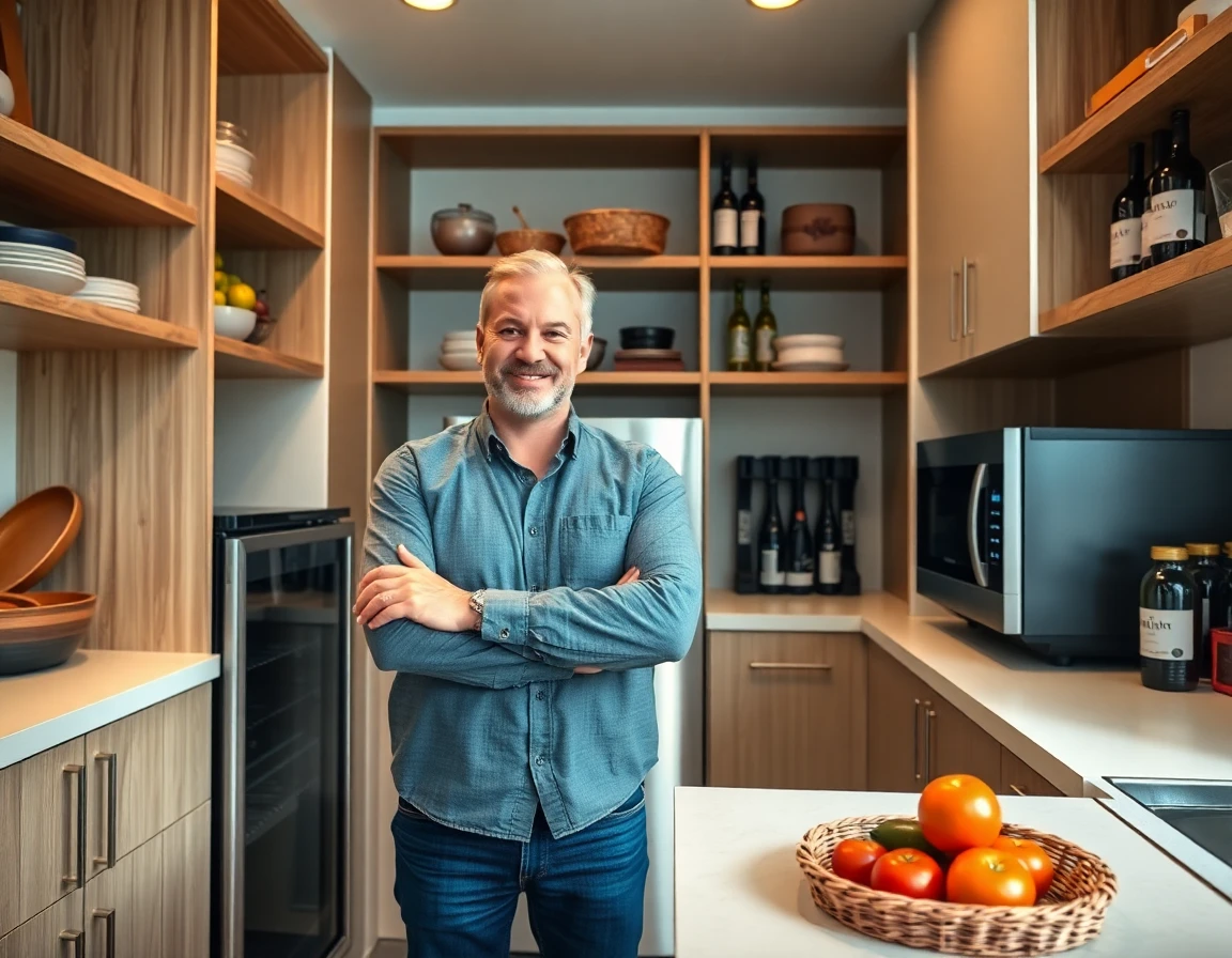 Man organizing pantry with Cafe Appliances in bright, spacious kitchen