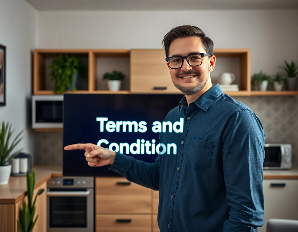 Man presenting terms on digital screen in modern home office, professional and authoritative