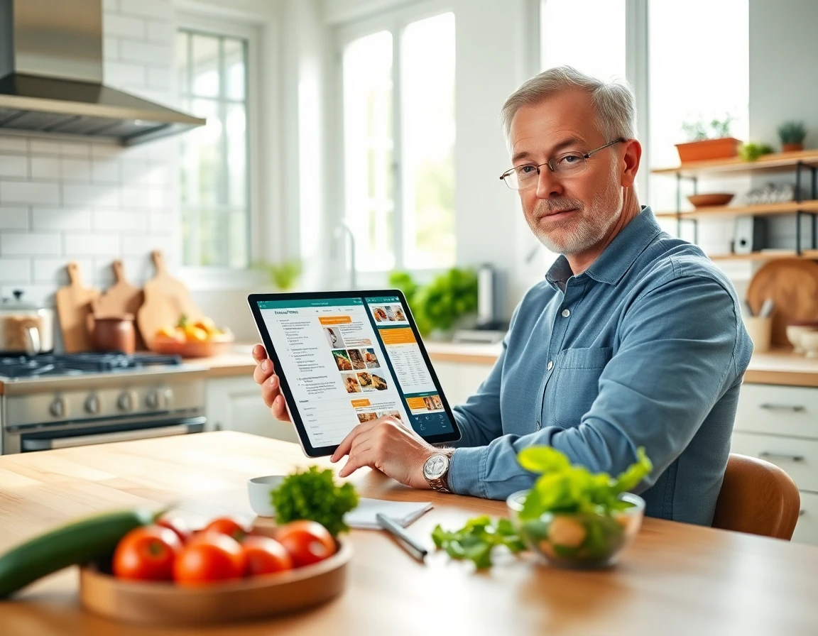 Middle-aged man reviewing meal plan in organized bright kitchen with natural sunlight