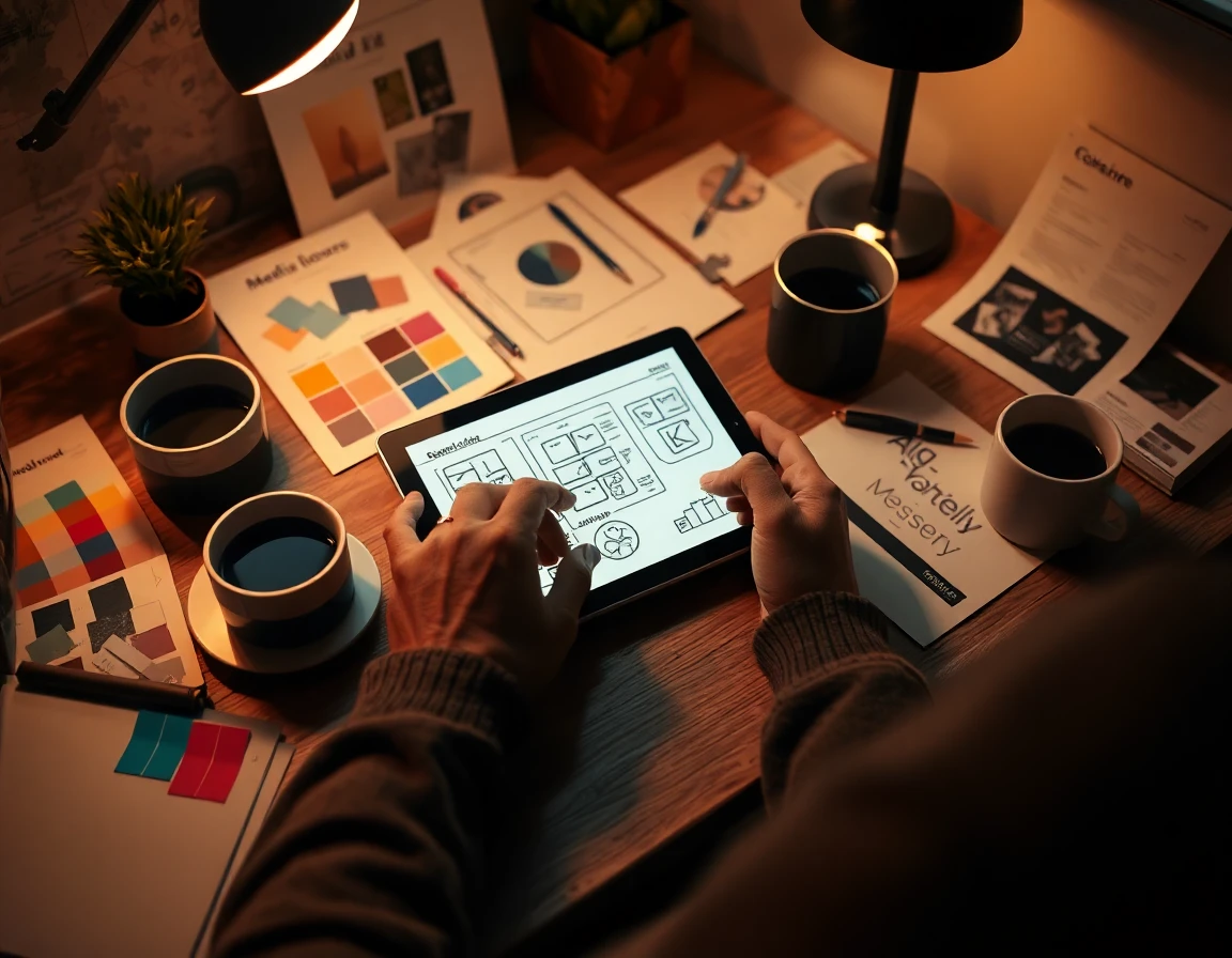 Designer sketching media kit layout on digital tablet in creative workspace