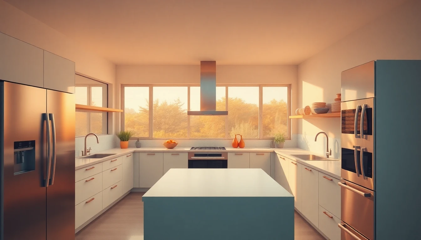 Cinematic wide banner of modern home kitchen with Cafe Appliances during golden hour