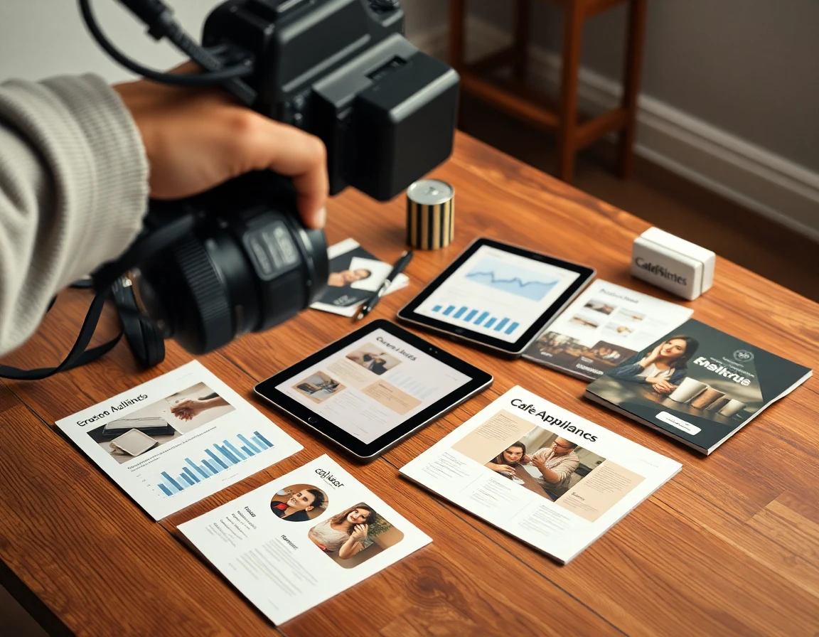 Close-up of media kit with brochures, tablet, and Cafe Appliances on wooden table