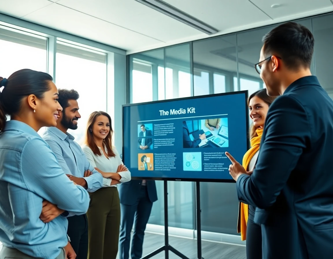 Team reviewing media kit presentation in modern conference room
