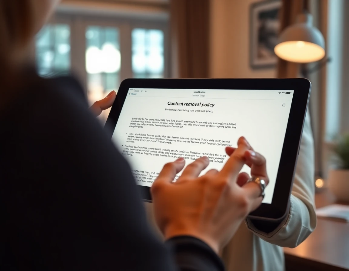 Young woman reviewing content removal policy on a tablet in a cozy home office