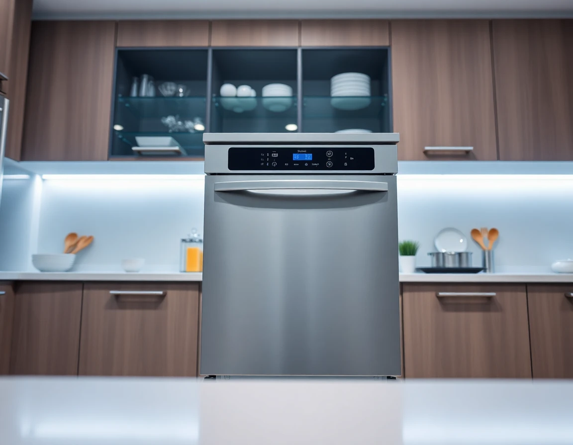 High-tech dishwasher integrated in kitchen, sleek design, cool LED lighting, modern home appliances