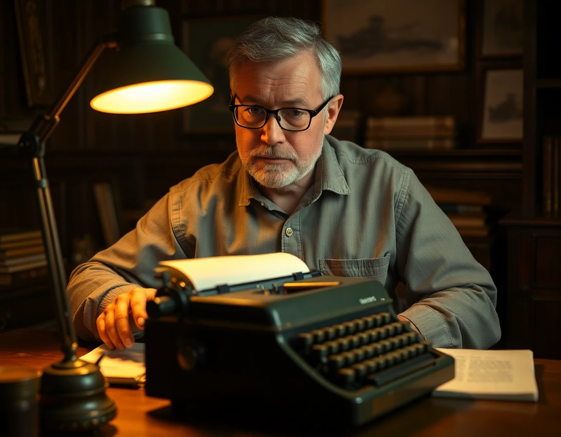 Middle-aged male author at vintage typewriter in dimly lit home study, focused and thoughtful