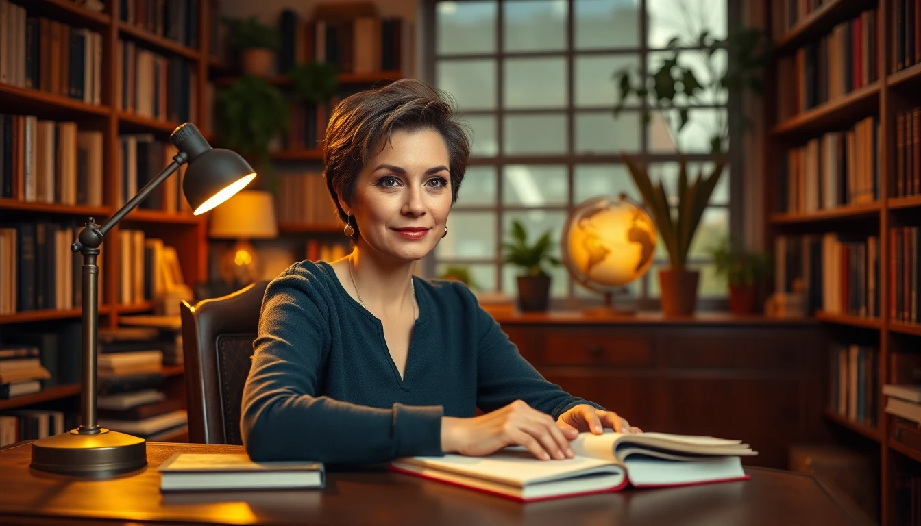 Cinematic wide banner of a confident female author in a cozy home library with warm lighting