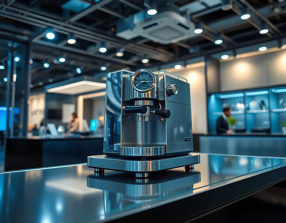 Showcase of high-end espresso machine in stylish tech showroom