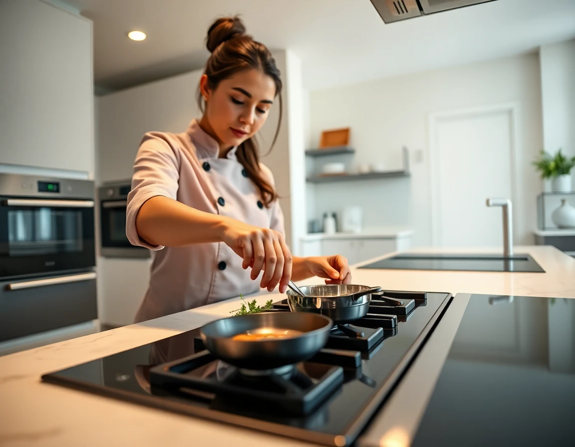 Young chef preparing gourmet meal with premium café appliances in modern kitchen