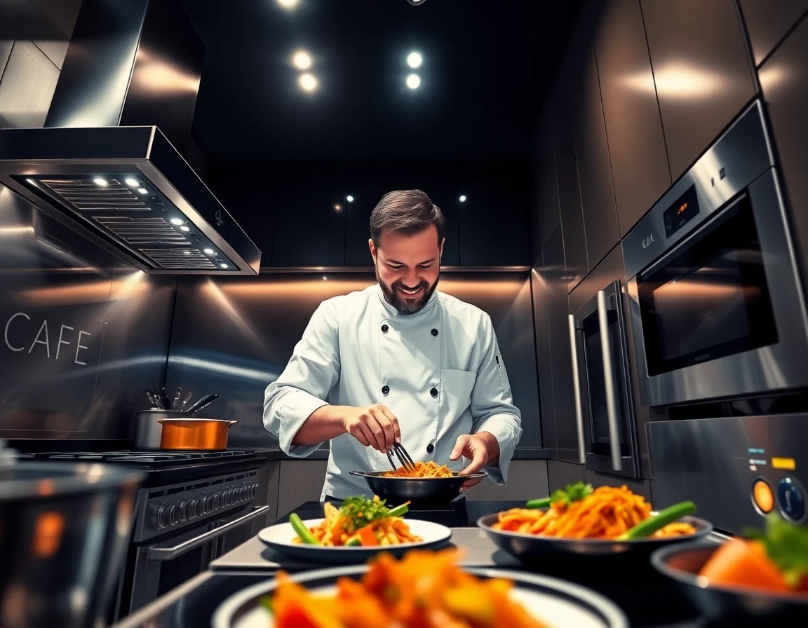 Chef cooking with premium Cafe Appliances in high-tech modern kitchen
