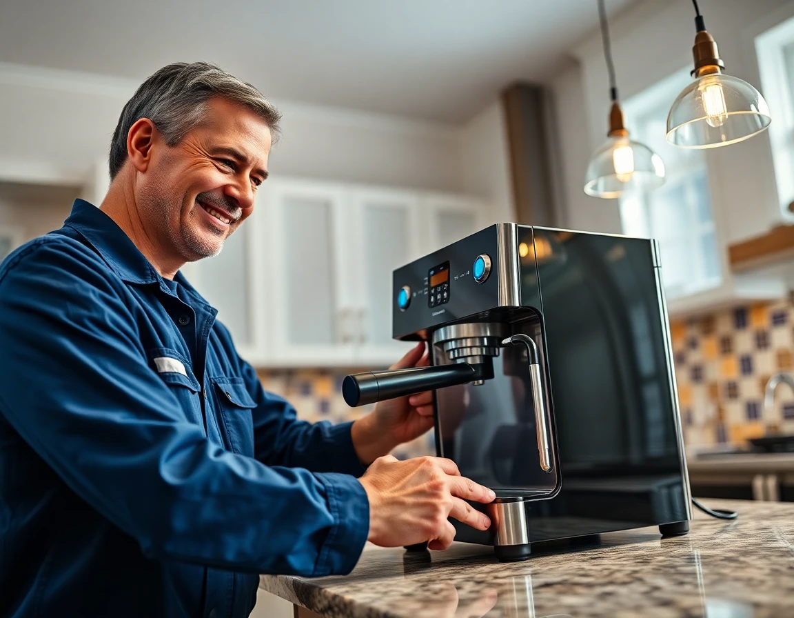 technician installing cafe coffee machine in modern kitchen with bright lighting