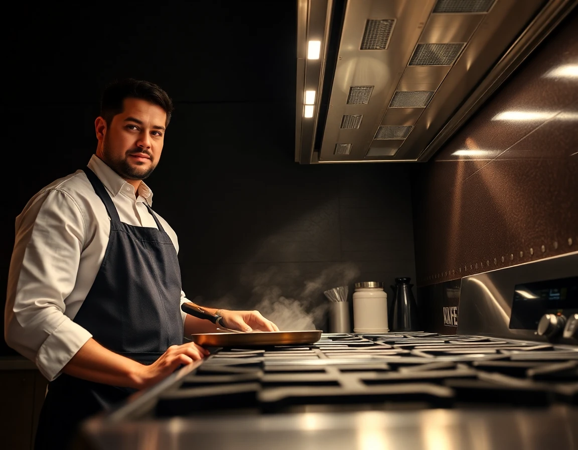 Chef using Cafe range in sophisticated kitchen, energetic and professional scene