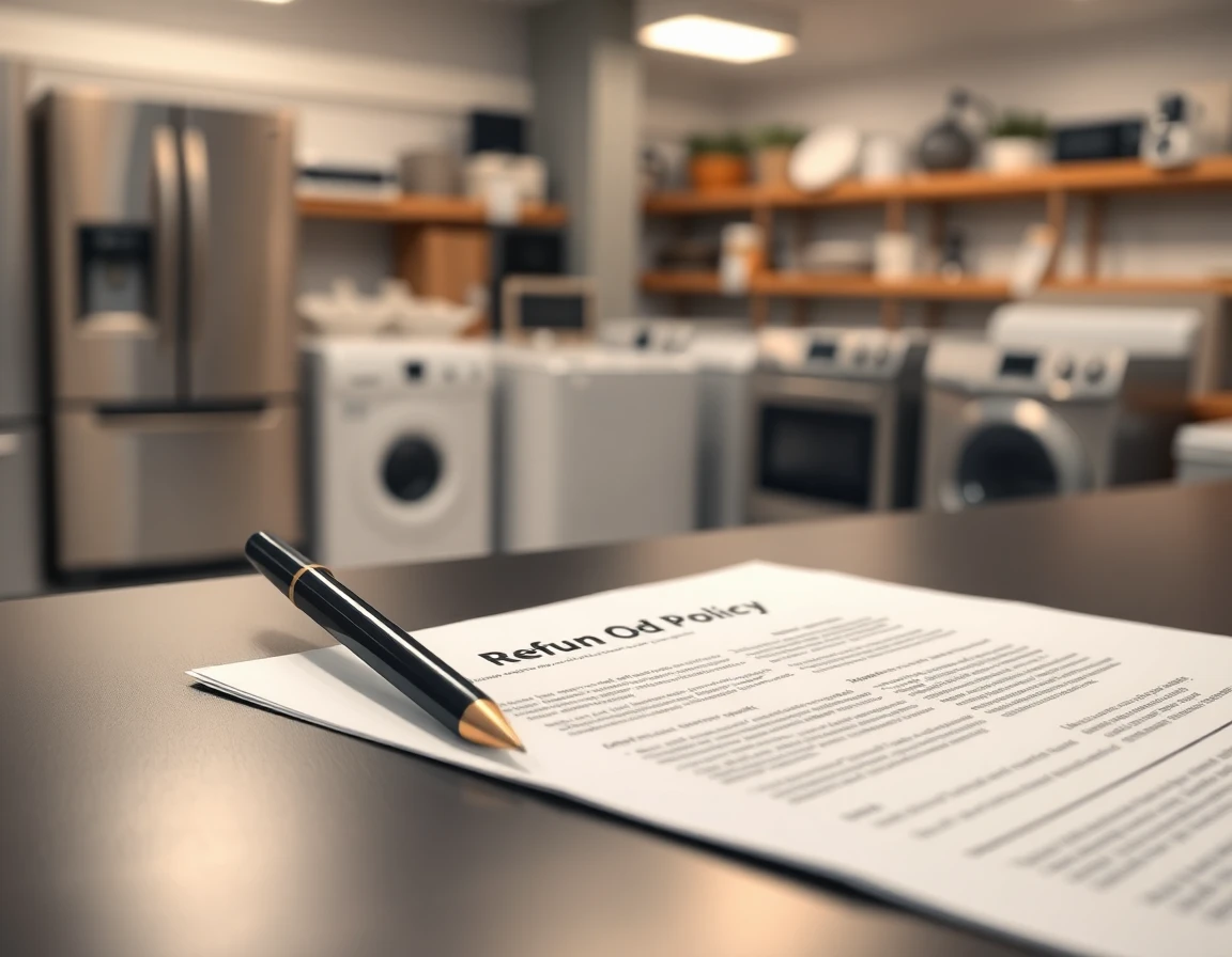 Close-up of refund policy document with pen, professional setting, trust, and clarity