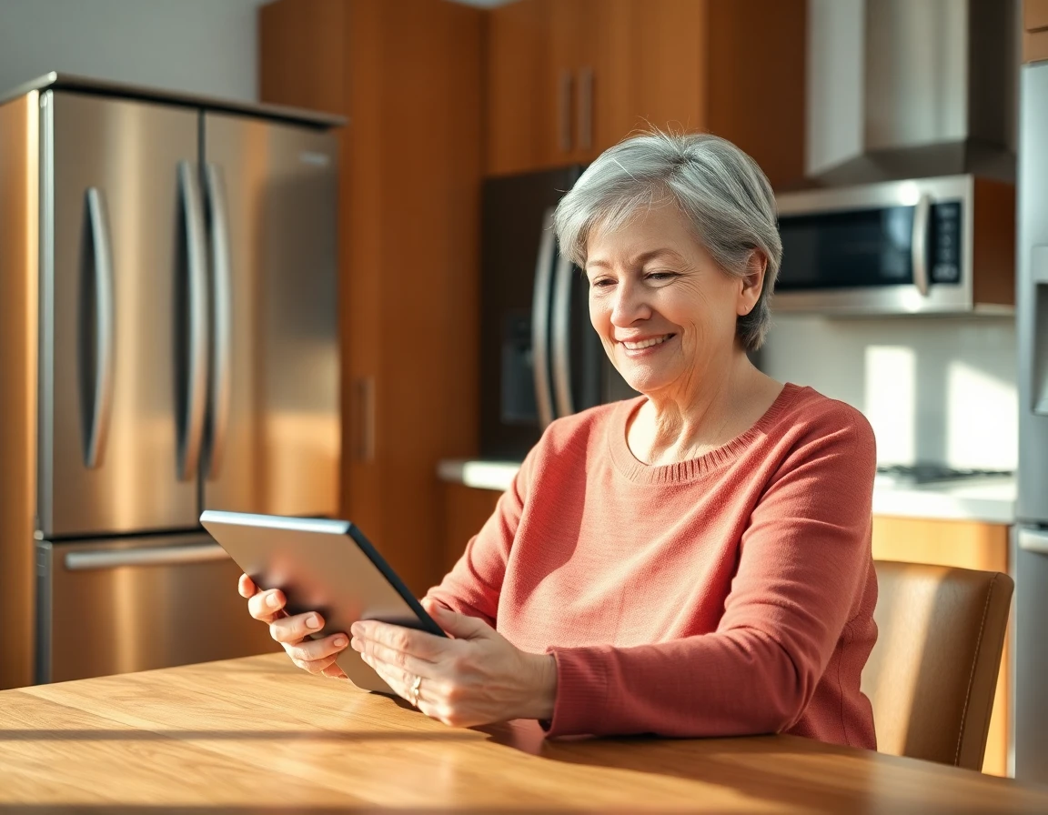 Senior woman exploring link insertion on tablet in modern kitchen