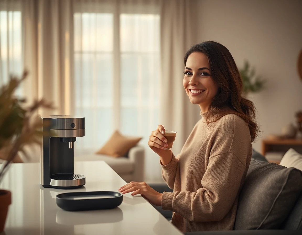 Woman relaxing with coffee, modern living space, soft evening light, cozy home environment