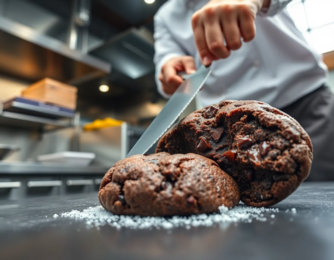 Chef slicing large double-chocolate cookie in modern industrial kitchen