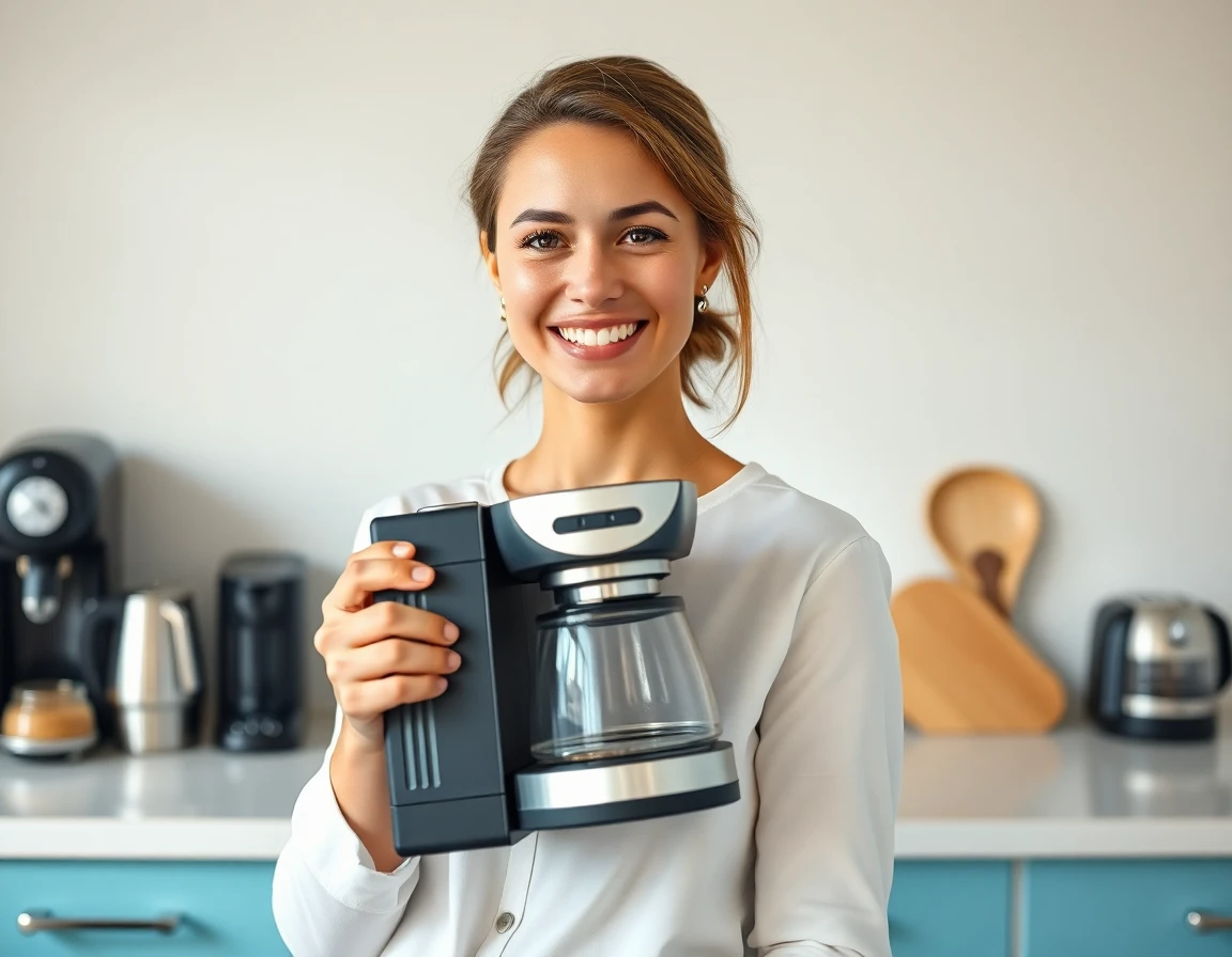 Young woman with cheerful expression holding stylish coffee maker in bright kitchen