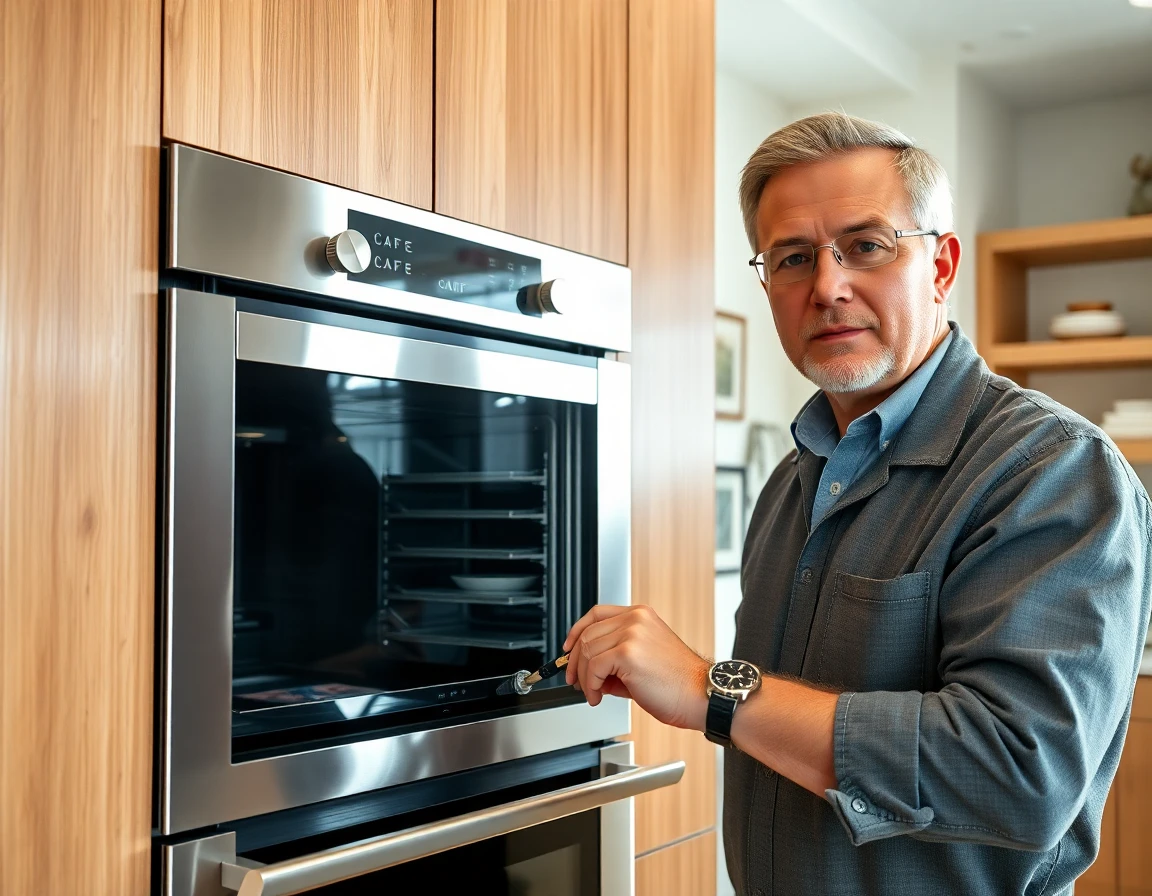 Technician installing Cafe oven in modern kitchen, professional and trustworthy scene