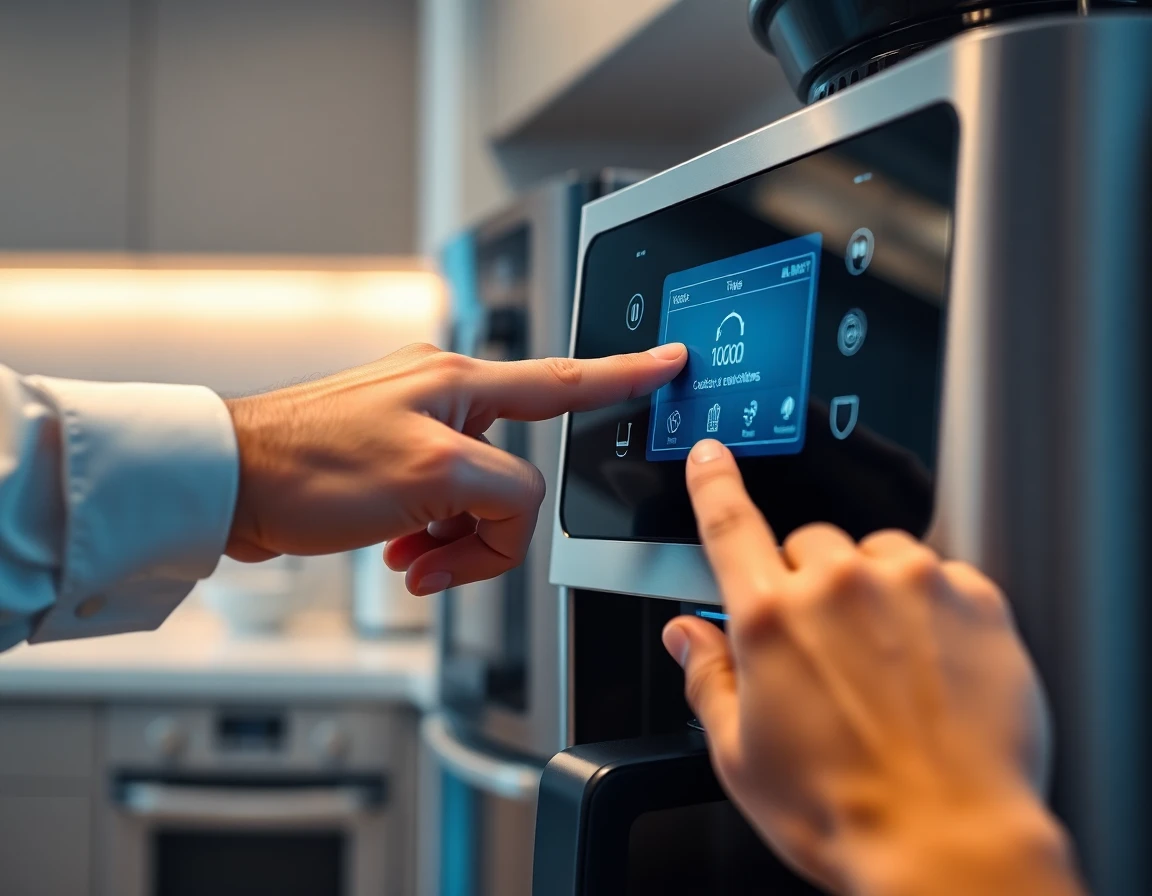 close-up of hand operating touchscreen panel on coffee machine for article