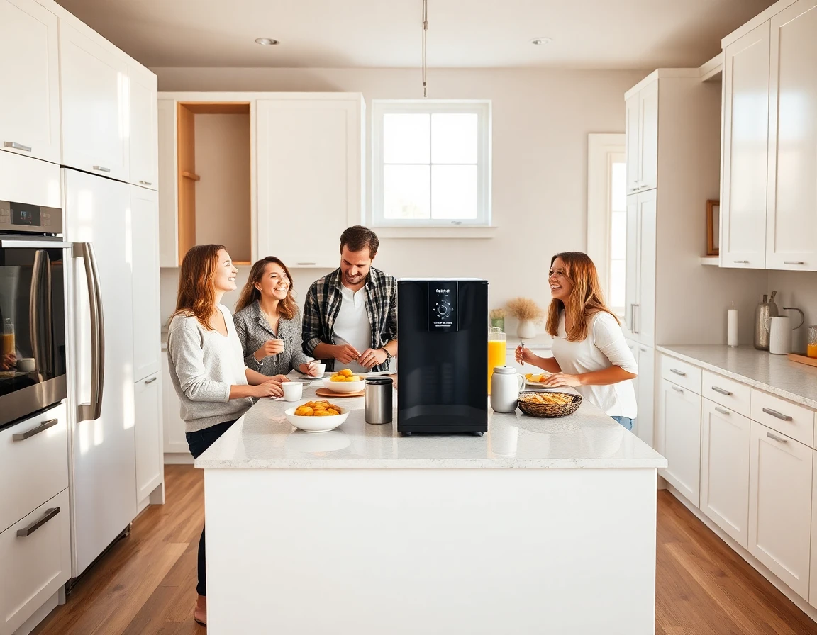 Family enjoying breakfast in modern kitchen with seamless white-label appliances