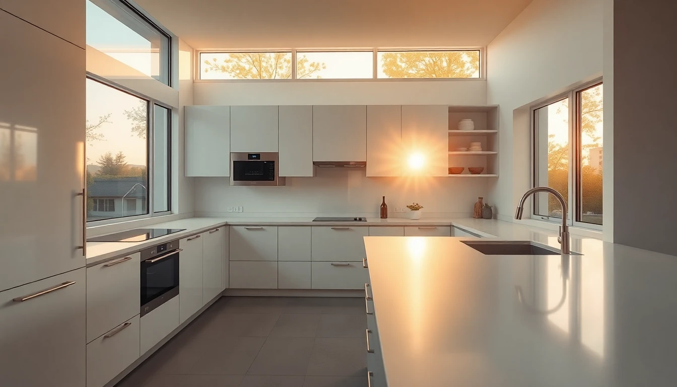Modern white-label appliances integrated into a spacious home kitchen during golden hour