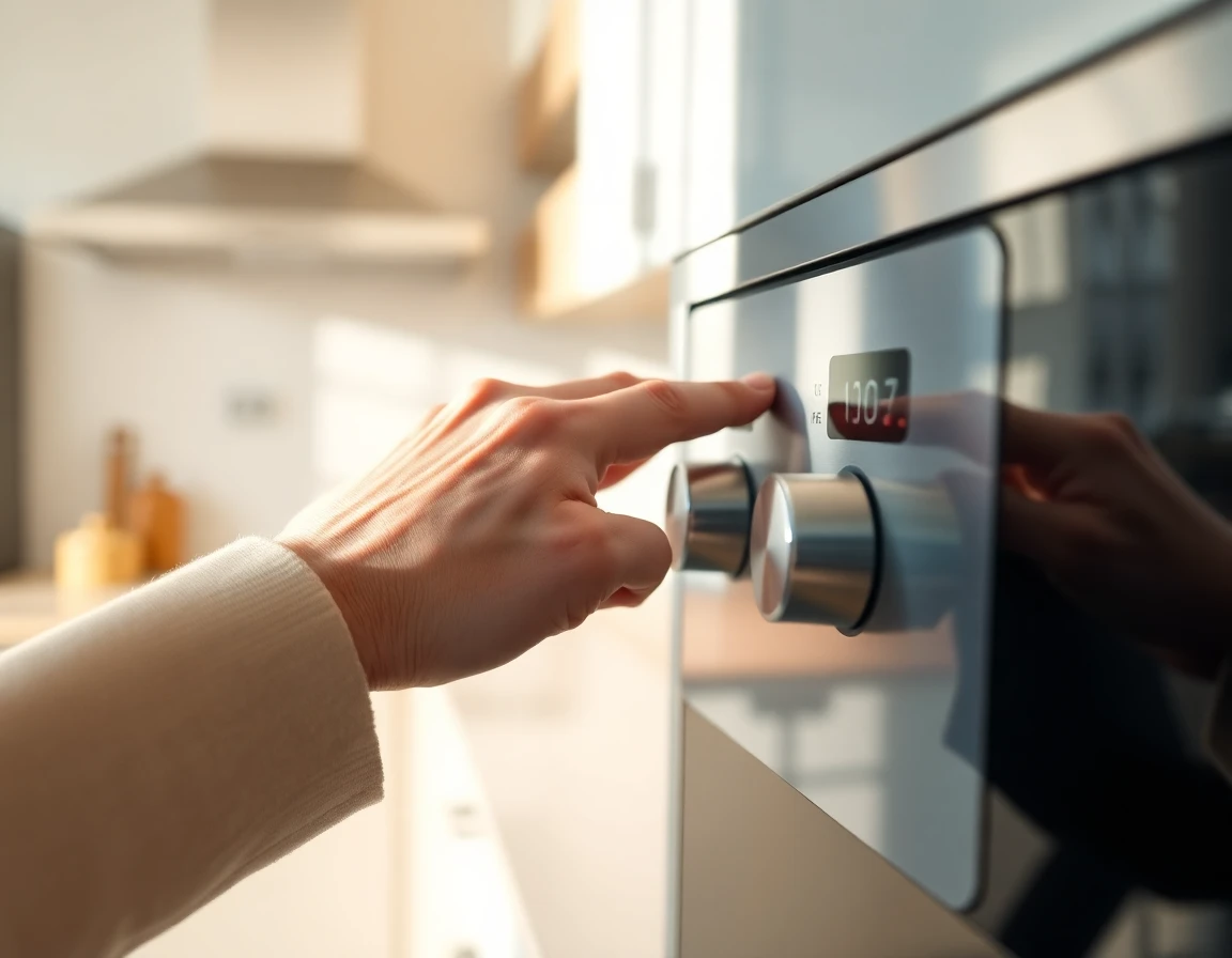 Close-up of hand adjusting settings on a white-label smart oven in modern kitchen