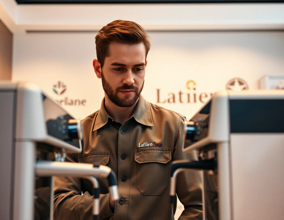 Home appliance technician inspecting sleek white-label coffee machines in modern kitchen