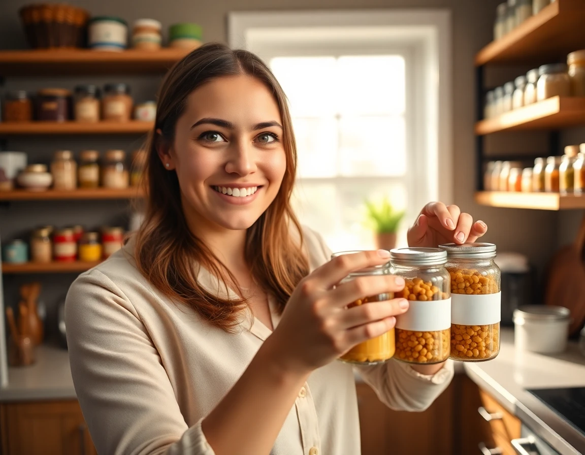 Young woman organizing labeled jars on kitchen shelf with natural lighting and warm tones