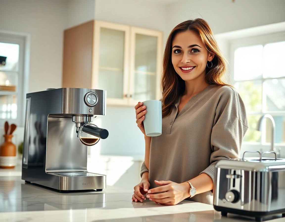 Young woman enjoying coffee preparation with Cafe Appliances in bright kitchen