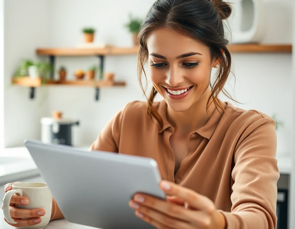 Woman reviewing terms on tablet in bright kitchen, natural daylight, professional and inviting