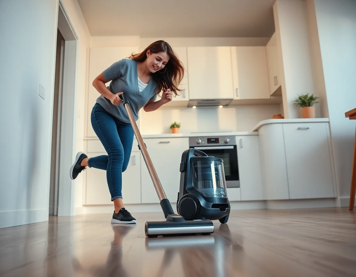 Young woman vacuuming clean kitchen floor with energetic and professional atmosphere