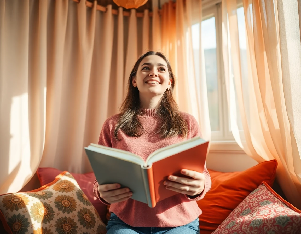 Young female author in cozy home reading nook, smiling with an open book and colorful cushions