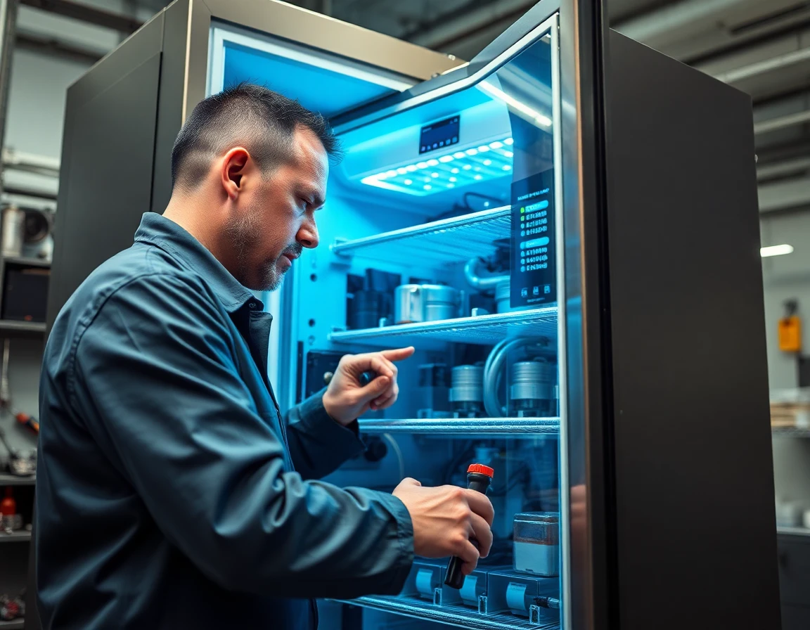Technician performing advanced maintenance on high-tech cafe refrigerator