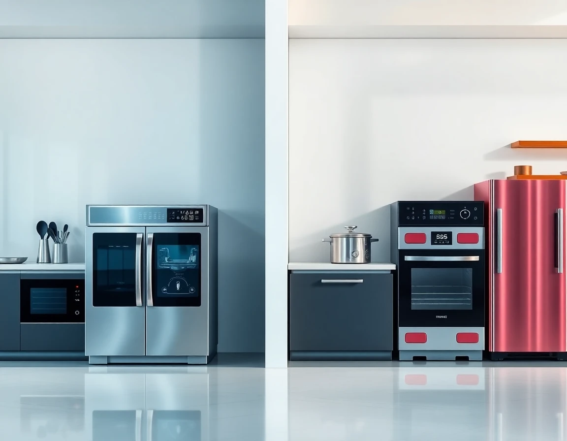 Comparison of high-tech modern cafe appliances versus traditional models in a sleek kitchen setting