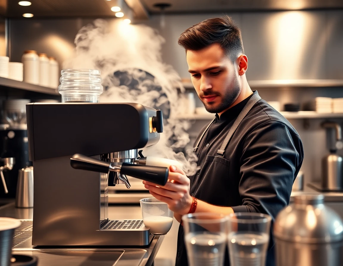 Barista demonstrating advanced techniques with cafe appliances in a professional kitchen environment