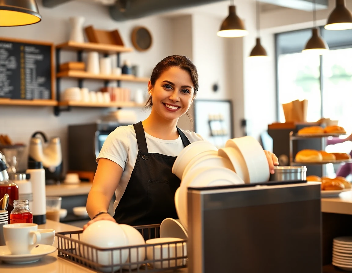 Young barista loading dishes into cafe dishwasher in lively cafe setting